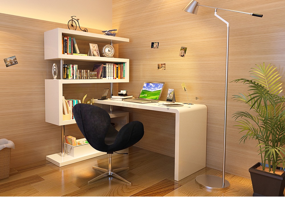 Libra White Lacquer Modern Office Desk, Modern Office Bookcase